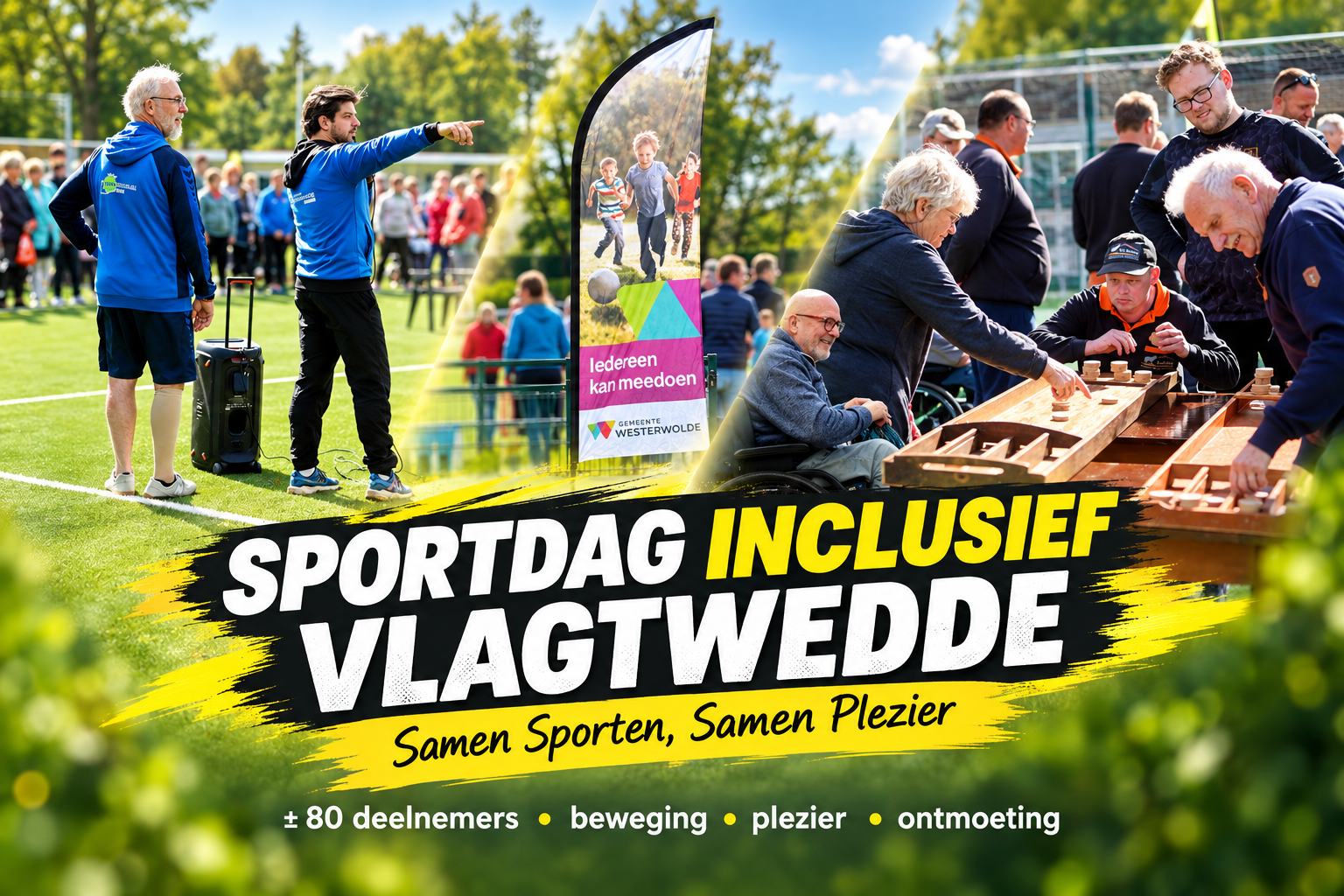 Sportdag Inclusief collage met deelnemers op grasveld, rolstoel en spelactiviteiten, met grote gele tekst.